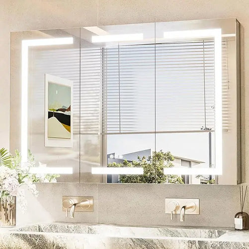 Modern Bathroom Vanity Mirror with Storage – Beveled Metal Frame, Aluminum Alloy Medicine Cabinet with Adjustable Shelves – Ideal for Bathroom Organization and Stylish Décor