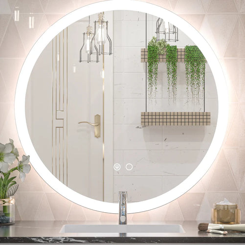 LED Round Mirror with Front Lights, 3 Color Options, CRI 90+ – Dimmable Wall-Mounted Vanity Mirror for Bathroom, Living Room, or Bedroom – Frontlit Illuminated Modern Design