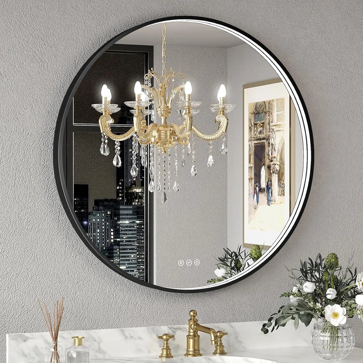 Round LED Bathroom Mirror with Lights – Dimmable Wall-Mounted Vanity Mirror, 3000K/4500K/6000K, Touch Switch, Metal Frame, Front-Lighted for Modern Bathroom Décor