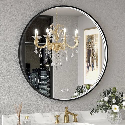 Round LED Bathroom Mirror with Lights – Dimmable Wall-Mounted Vanity Mirror, 3000K/4500K/6000K, Touch Switch, Metal Frame, Front-Lighted for Modern Bathroom Décor