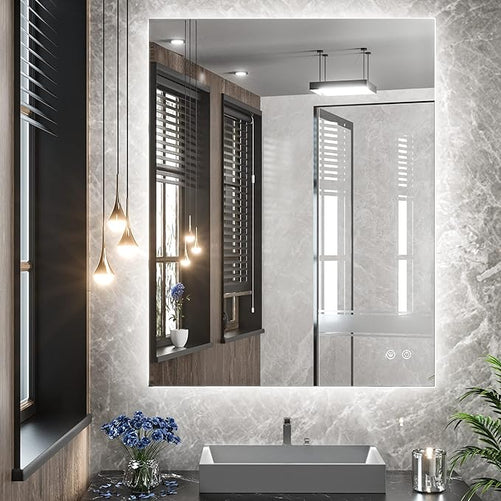 LED Backlit Bathroom Vanity Mirror – Anti-Fog Lighted Vanity Mirror, Stepless Dimmable, CRI 90+, IP54 Waterproof, Wall Mounted, Horizontal or Vertical Installation for Modern Bathroom