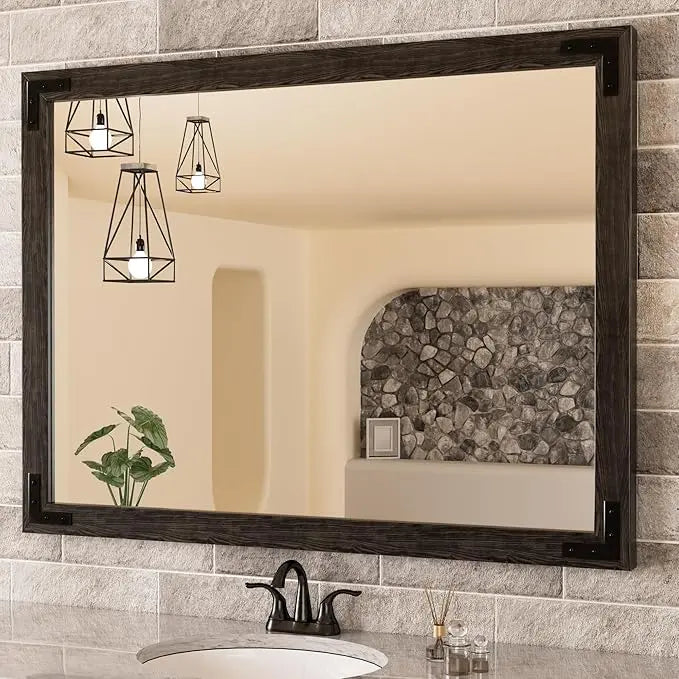 Wood Frame Bathroom Vanity Mirror for Wall – Farmhouse Vanity Mirror for Over Sink, Horizontal/Vertical Mount, Decorative Wooden Mirror for Bathroom, Living Room, Bedroom, Entryway