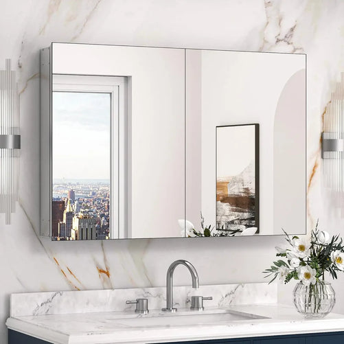 Sleek Medicine Cabinet Mirror with Storage – Aluminum, Tempered Glass, Adjustable Shelves, Surface Mount/Recessed – Modern Farmhouse Style for Bathroom Vanity, Bedroom, and More
