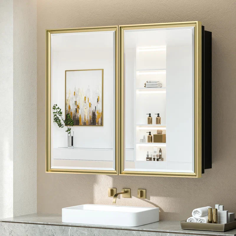 Modern Bathroom Vanity Mirror with Storage – Beveled Metal Frame, Aluminum Alloy Medicine Cabinet with Adjustable Shelves – Ideal for Bathroom, Living room Organization and Stylish Décor