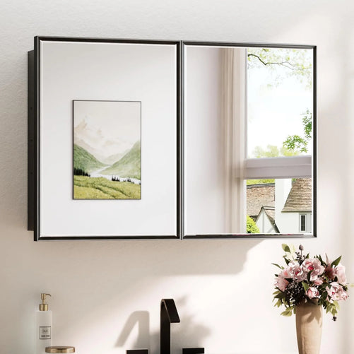 Modern Bathroom Vanity Mirror with Storage – Beveled Metal Frame, Aluminum Alloy Medicine Cabinet with Adjustable Shelves – Ideal for Bathroom, Living room Organization and Stylish Décor