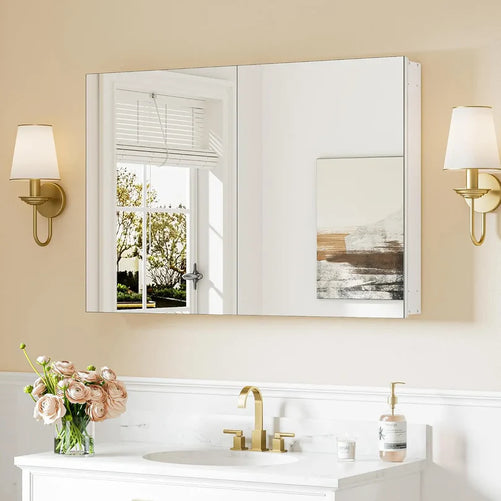 Sleek Medicine Cabinet Mirror with Storage – Aluminum, Tempered Glass, Adjustable Shelves, Surface Mount/Recessed – Modern Farmhouse Style for Bathroom Vanity, Bedroom, and More