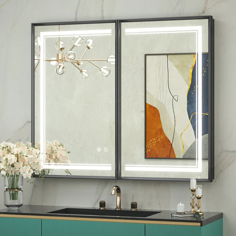 Recessed Medicine Cabinet Mirror with Lights – Tempered Glass, 3-Color Stepless Dimmable LED, Defogger & Electrical Outlets – Modern Cabinet with Storage for Bathroom, Restroom