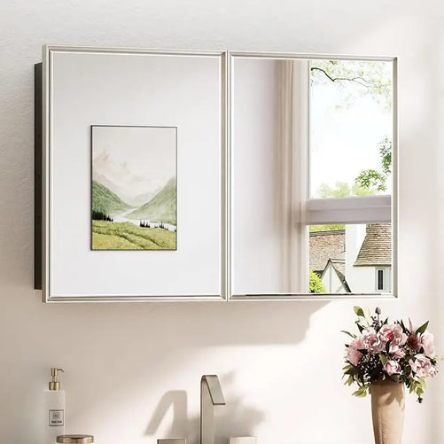 Modern Bathroom Vanity Mirror with Storage – Beveled Metal Frame, Aluminum Alloy Medicine Cabinet with Adjustable Shelves – Ideal for Bathroom, Living room Organization and Stylish Décor