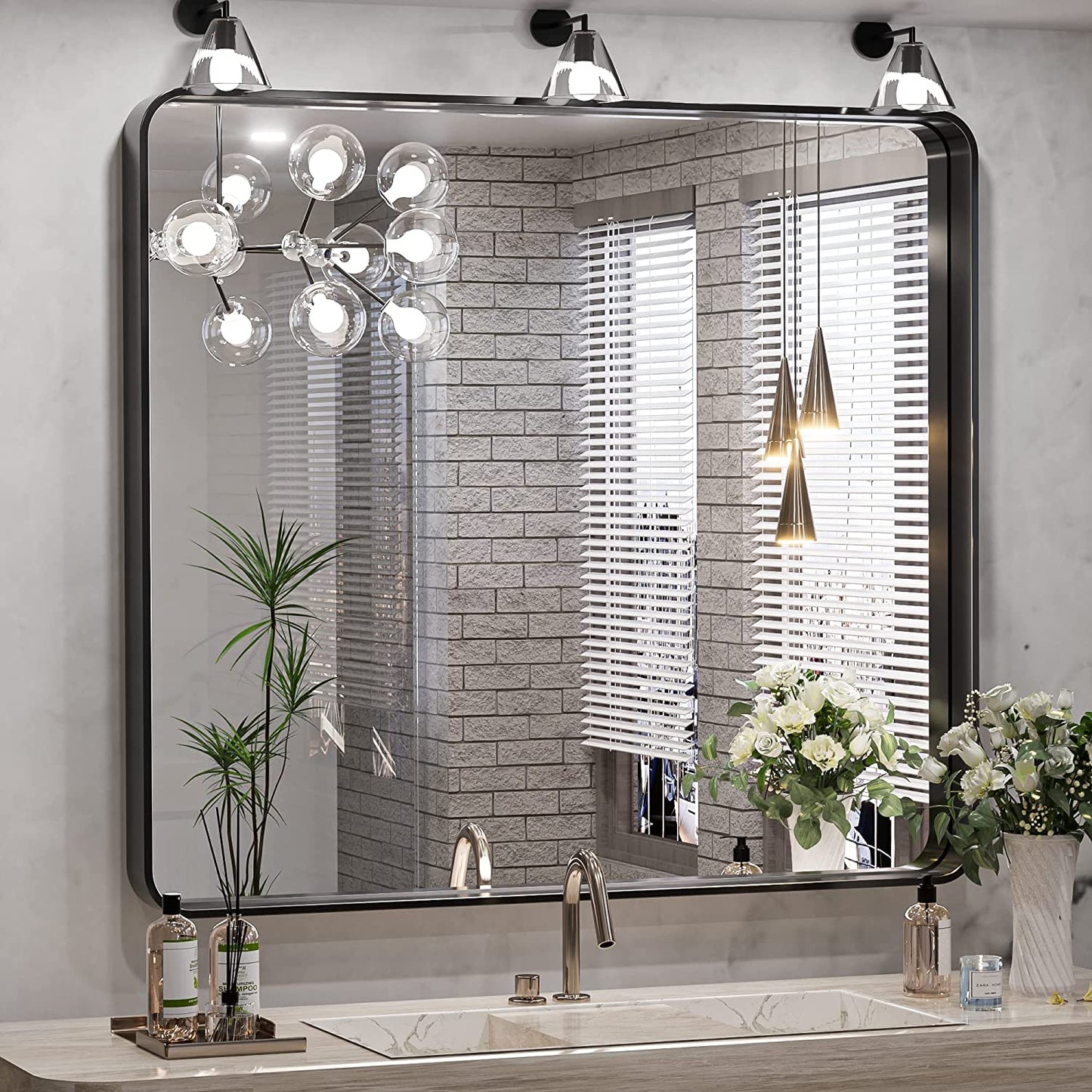 Framed Bathroom Wall Mirror with Non-Rusting Aluminum Alloy in Brushed Metal Finish – Stylish Modern Farmhouse Design for Bedroom, Living Room, or Bathroom