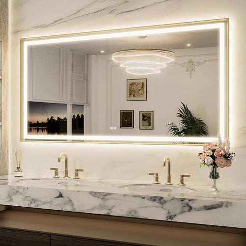 Bathroom LED Mirror with Metal Frame – Frontlit & Backlit Vanity Mirror, Anti-Fog, Stepless Dimmable, 3 Color Temperatures (White/Warm/Natural), Wall-Mounted