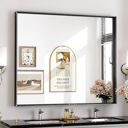 Modern Matte Black Bathroom Mirror – Versatile Mounting