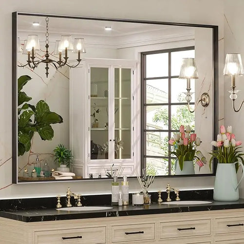 Modern Matte Black Bathroom Mirror – Versatile Mounting
