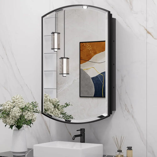 Bathroom Medicine Cabinet with Beveled Mirror – Arched Design, Recessed or Wall-Mounted – Metal Modern Cabinet with Storage – Stylish & Functional Organizer for Bathroom