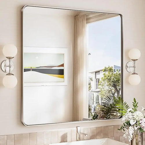 Aluminum Framed Bathroom Vanity Mirror – HD Tempered Glass Wall-Mounted Design, Ideal for Over-the-Sink Use, Supports Horizontal/Vertical Installation for Modern Décor