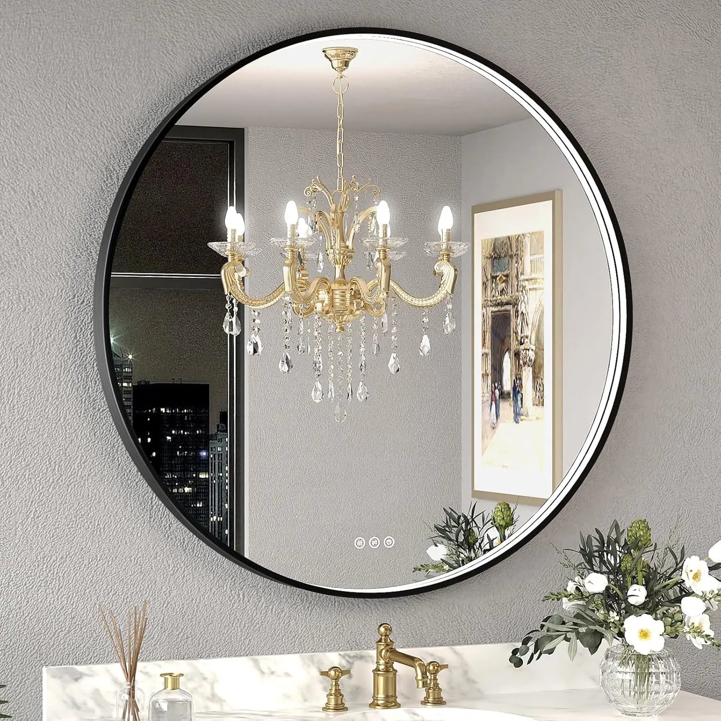 Round LED Bathroom Mirror with Lights – Dimmable Wall-Mounted Vanity Mirror, 3000K/4500K/6000K, Touch Switch, Metal Frame, Front-Lighted for Modern Bathroom Décor