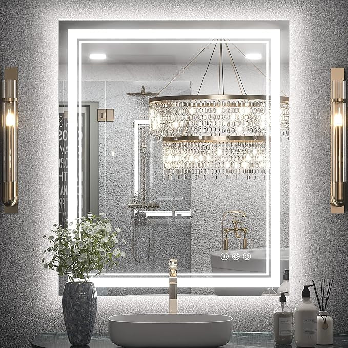 Bathroom Vanity  LED Mirror with Lights – Frontlit & Backlit, Anti-Fog, 3-Color Stepless Dimmable, Memory Function, Shatterproof, CRI 90+, UL Listed Driver – Modern Vanity Mirror