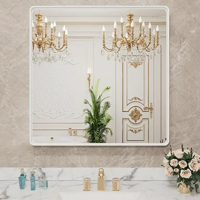 Framed Bathroom Wall Mirror with Non-Rusting Aluminum Alloy in Brushed Metal Finish – Stylish Modern Farmhouse Design for Bedroom, Living Room, or Bathroom