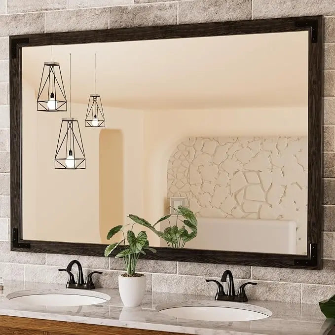 Wood Frame Bathroom Vanity Mirror for Wall – Farmhouse Vanity Mirror for Over Sink, Horizontal/Vertical Mount, Decorative Wooden Mirror for Bathroom, Living Room, Bedroom, Entryway