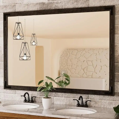 Wood Frame Bathroom Vanity Mirror for Wall – Farmhouse Vanity Mirror for Over Sink, Horizontal/Vertical Mount, Decorative Wooden Mirror for Bathroom, Living Room, Bedroom, Entryway