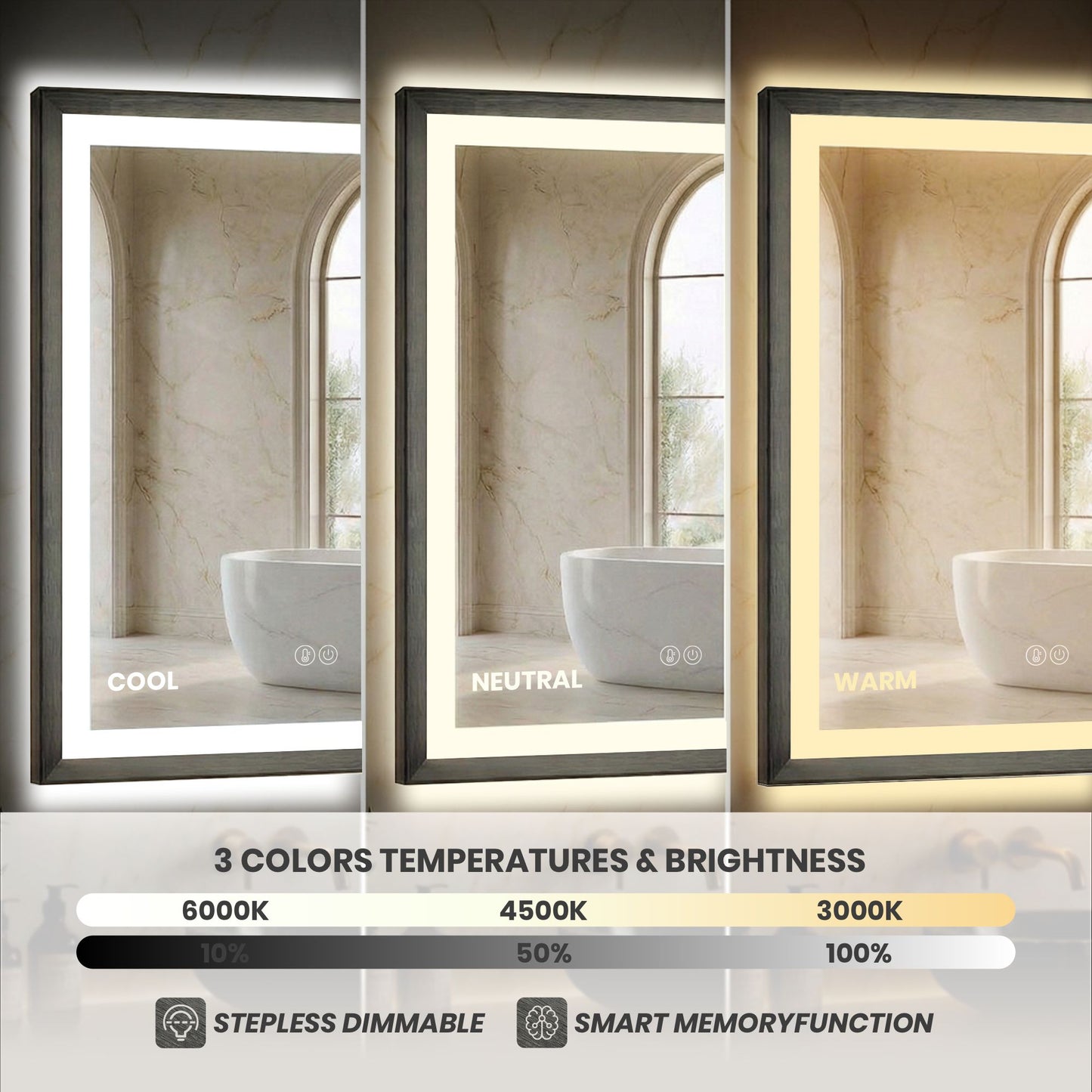 Sleek LED Vanity Mirror – Beveled Edge, 3-Color Dimming, Anti-Fog