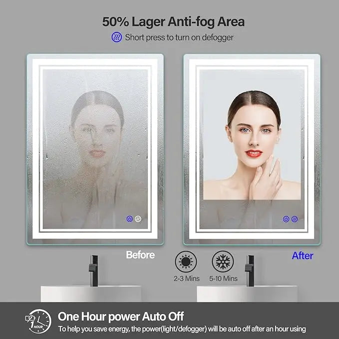 Frameless Rectangular LED Bathroom Vanity Mirror – Anti-Fog, Wall-Mounted, Dimmable Bright Light, 3 Color Temperatures, Modern Design, Touch Control, Ideal for Vanity, Makeup & Grooming