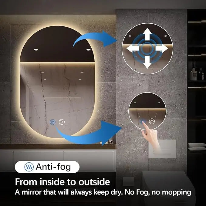 Oval LED Bathroom Vanity Mirror – Wall-Mounted Lighted Mirror with Anti-Fog, Dimmable Brightness, Touch Sensor, Long Design for Makeup, Usable Horizontally or Vertically