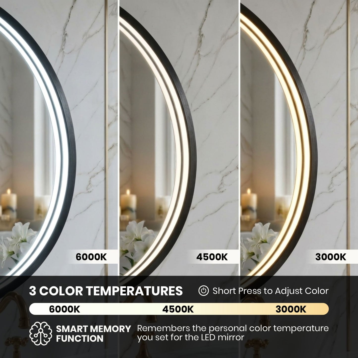 LED Round Bathroom Mirror –Anti-Fog, Dimmable, 3 Color Modes, Modern Design