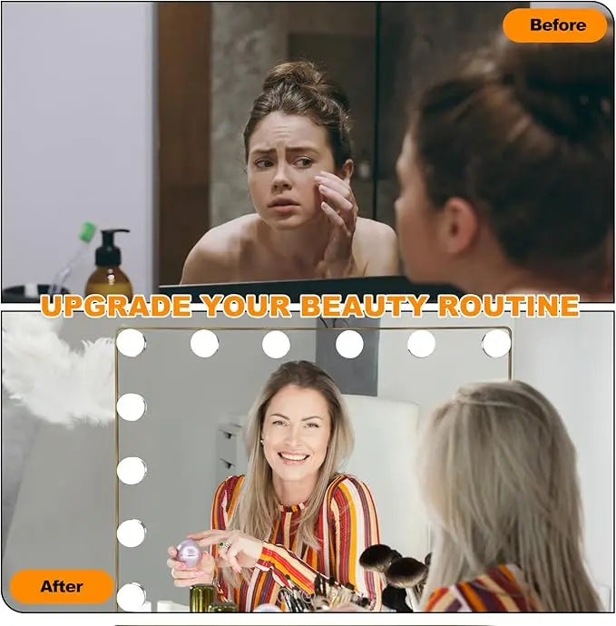 Vanity Mirror with Lights – 15 USB Dimmable Bulbs, 3-Color Modes, Charging Port, Metal Frame, Wooden Base, Hollywood Style Lighted Makeup Mirror with Touch Control