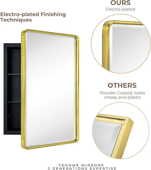 Bathroom Vanity Medicine Cabinet with Mirror – Small Brushed Brass, Stainless Steel Frame, Rounded Rectangle, Adjustable Shelves, Recessed or Surface Mount for Modern Storage