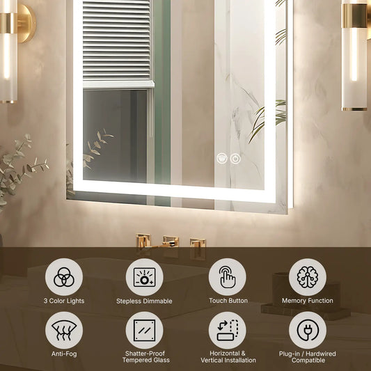 Rectangle LED Bathroom Mirror –Anti-Fog, Front & Backlit, Modern Design