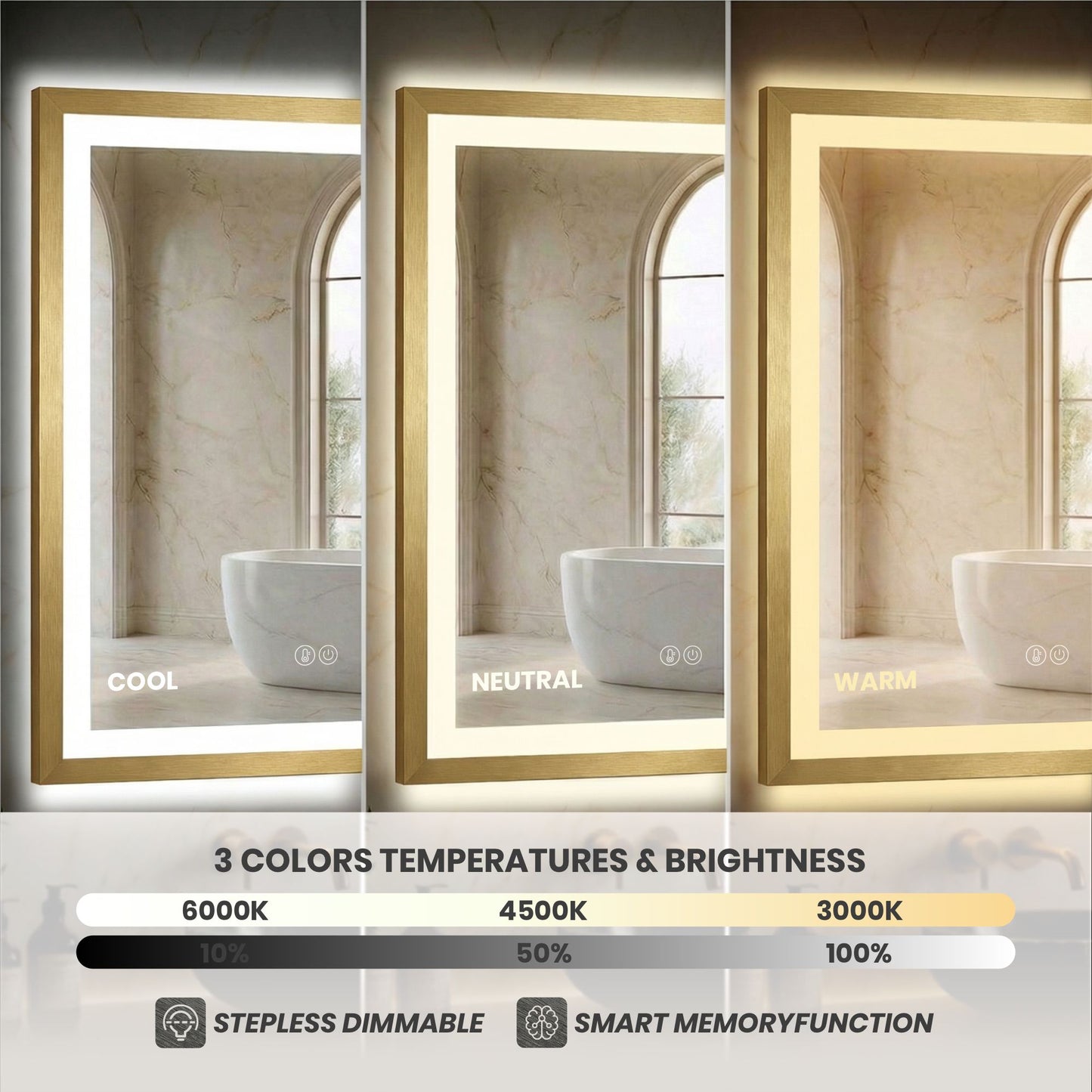 Sleek LED Vanity Mirror – Beveled Edge, 3-Color Dimming, Anti-Fog