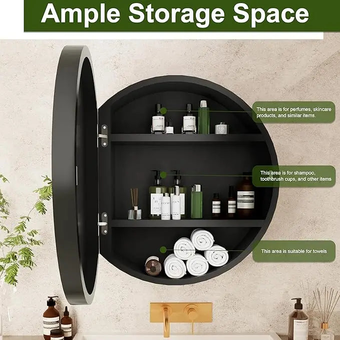 Round Bathroom Medicine Cabinet with Mirror – Metal Framed, Circular Farmhouse Design – Surface Mount Only – Small Wall-Mounted Vanity Mirror for Bathroom Storage & Stylish Décor