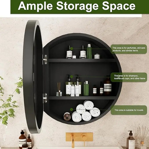 Round Bathroom Medicine Cabinet with Mirror – Metal Framed, Circular Farmhouse Design – Surface Mount Only – Small Wall-Mounted Vanity Mirror for Bathroom Storage & Stylish Décor