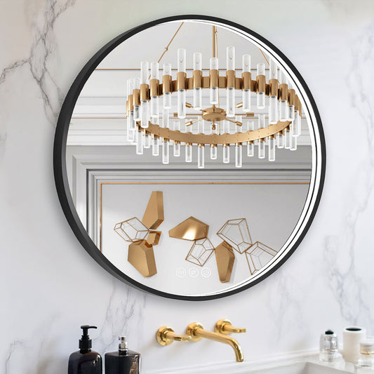 LED Round Bathroom Mirror – Black Metal Framed Lighted Mirror with 3 Color Modes, Stepless Dimmable, Anti-Fog, Memory Function, Wall-Mounted Vanity Mirror, Modern Design
