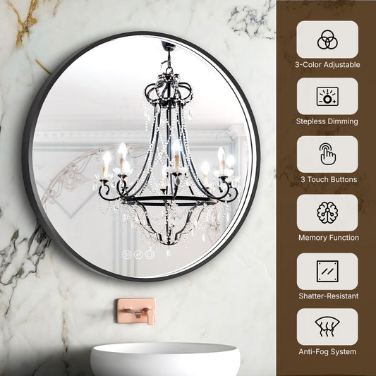 LED Round Bathroom Mirror – Black Metal Framed Lighted Mirror with 3 Color Modes, Stepless Dimmable, Anti-Fog, Memory Function, Wall-Mounted Vanity Mirror, Modern Design