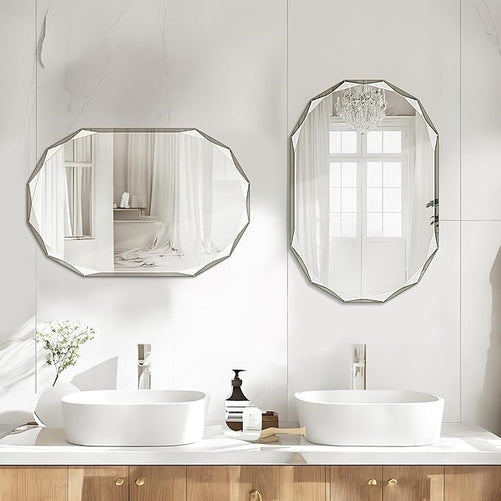 Irregular Frameless Oval Wall Mirror – Beveled Edge Bathroom Vanity Mirror, Shatterproof Modern Decorative Mirror for Living Room, Entryway, Restroom, or Any Indoor Space