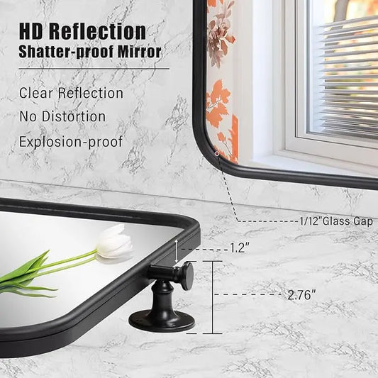 Pivot Rectangle Metal Framed Vanity Mirror – Modern Farmhouse Adjustable Tilting, Beveled Rounded Corner, Rectangular Wall Mirror, Horizontal/Vertical Mount for Bathroom