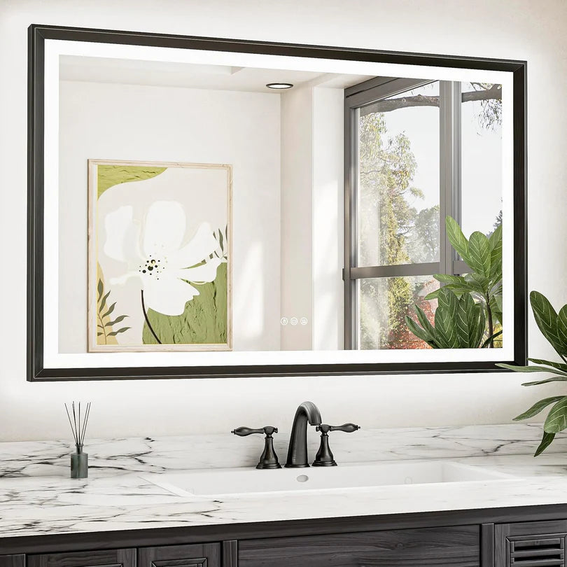 LED Bathroom Vanity Mirror with Frame – Front & Backlit, Aluminum Rectangle, Beveled Edge, 3-Color Stepless Dimmable, Anti-Fog, Memory Function, Wall-Mounted Lighted Mirror