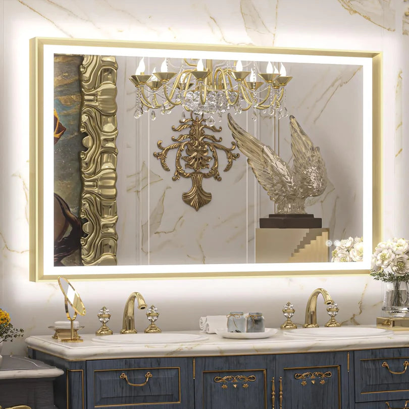 LED Bathroom Vanity Mirror with Frame – Front & Backlit, Aluminum Rectangle, Beveled Edge, 3-Color Stepless Dimmable, Anti-Fog, Memory Function, Wall-Mounted Lighted Mirror