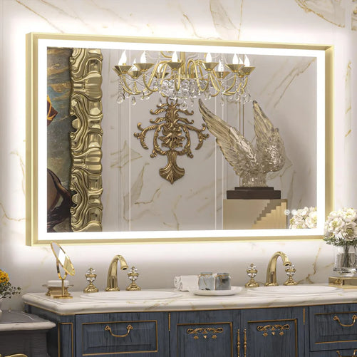 LED Bathroom Vanity Mirror with Frame – Front & Backlit, Aluminum Rectangle, Beveled Edge, 3-Color Stepless Dimmable, Anti-Fog, Memory Function, Wall-Mounted Lighted Mirror