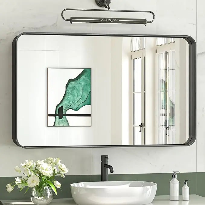 Aluminum Framed Bathroom Vanity Mirror – HD Tempered Glass Wall-Mounted Design, Ideal for Over-the-Sink Use, Supports Horizontal/Vertical Installation for Modern Décor