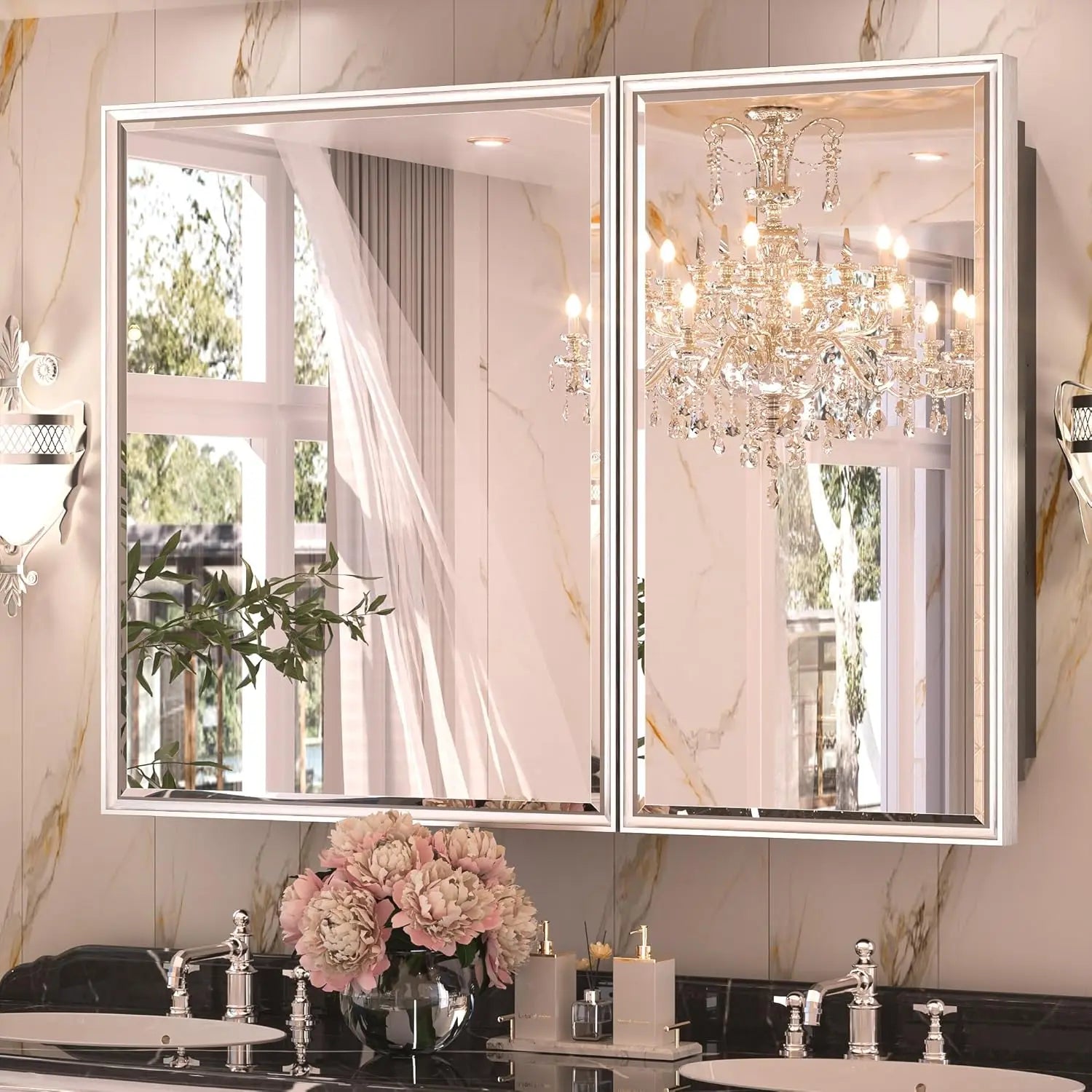 Modern Bathroom Vanity Mirror with Storage – Beveled Metal Frame, Aluminum Alloy Medicine Cabinet with Adjustable Shelves – Ideal for Bathroom, Living room Organization and Stylish Décor