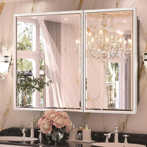 Modern Bathroom Vanity Mirror with Storage – Beveled Metal Frame, Aluminum Alloy Medicine Cabinet with Adjustable Shelves – Ideal for Bathroom, Living room Organization and Stylish Décor