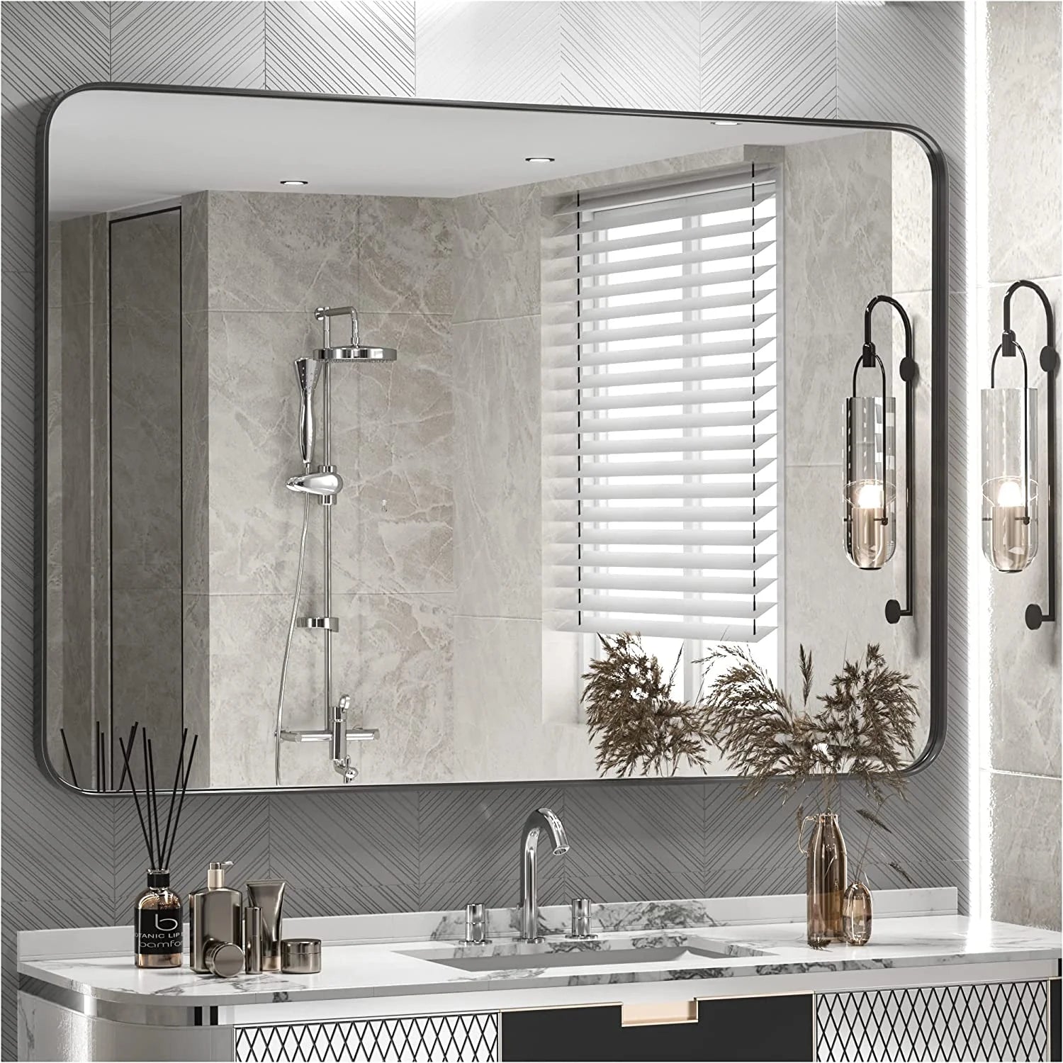 Framed Bathroom Wall Mirror with Non-Rusting Aluminum Alloy in Brushed Metal Finish – Stylish Modern Farmhouse Design for Bedroom, Living Room, or Bathroom
