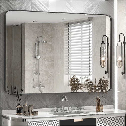 Framed Bathroom Wall Mirror with Non-Rusting Aluminum Alloy in Brushed Metal Finish – Stylish Modern Farmhouse Design for Bedroom, Living Room, or Bathroom