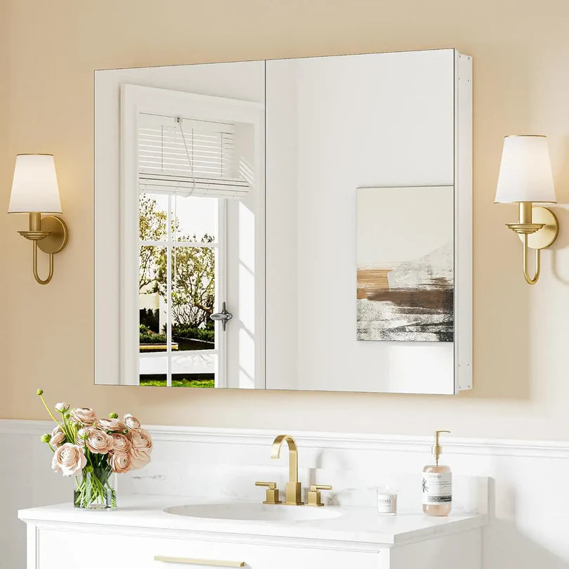 Sleek Medicine Cabinet Mirror with Storage – Aluminum, Tempered Glass, Adjustable Shelves, Surface Mount/Recessed – Modern Farmhouse Style for Bathroom Vanity, Bedroom, and More