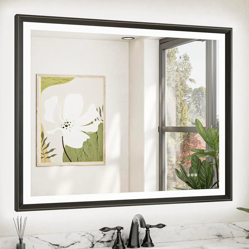 LED Bathroom Vanity Mirror with Frame – Front & Backlit, Aluminum Rectangle, Beveled Edge, 3-Color Stepless Dimmable, Anti-Fog, Memory Function, Wall-Mounted Lighted Mirror