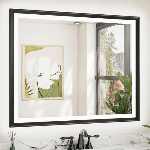 LED Bathroom Vanity Mirror with Frame – Front & Backlit, Aluminum Rectangle, Beveled Edge, 3-Color Stepless Dimmable, Anti-Fog, Memory Function, Wall-Mounted Lighted Mirror