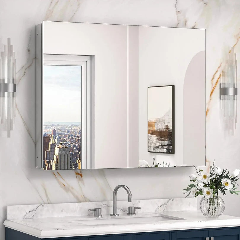 Sleek Medicine Cabinet Mirror with Storage – Aluminum, Tempered Glass, Adjustable Shelves, Surface Mount/Recessed – Modern Farmhouse Style for Bathroom Vanity, Bedroom, and More