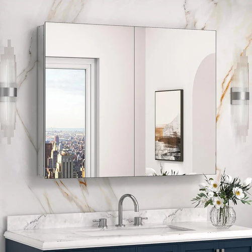 Sleek Medicine Cabinet Mirror with Storage – Aluminum, Tempered Glass, Adjustable Shelves, Surface Mount/Recessed – Modern Farmhouse Style for Bathroom Vanity, Bedroom, and More